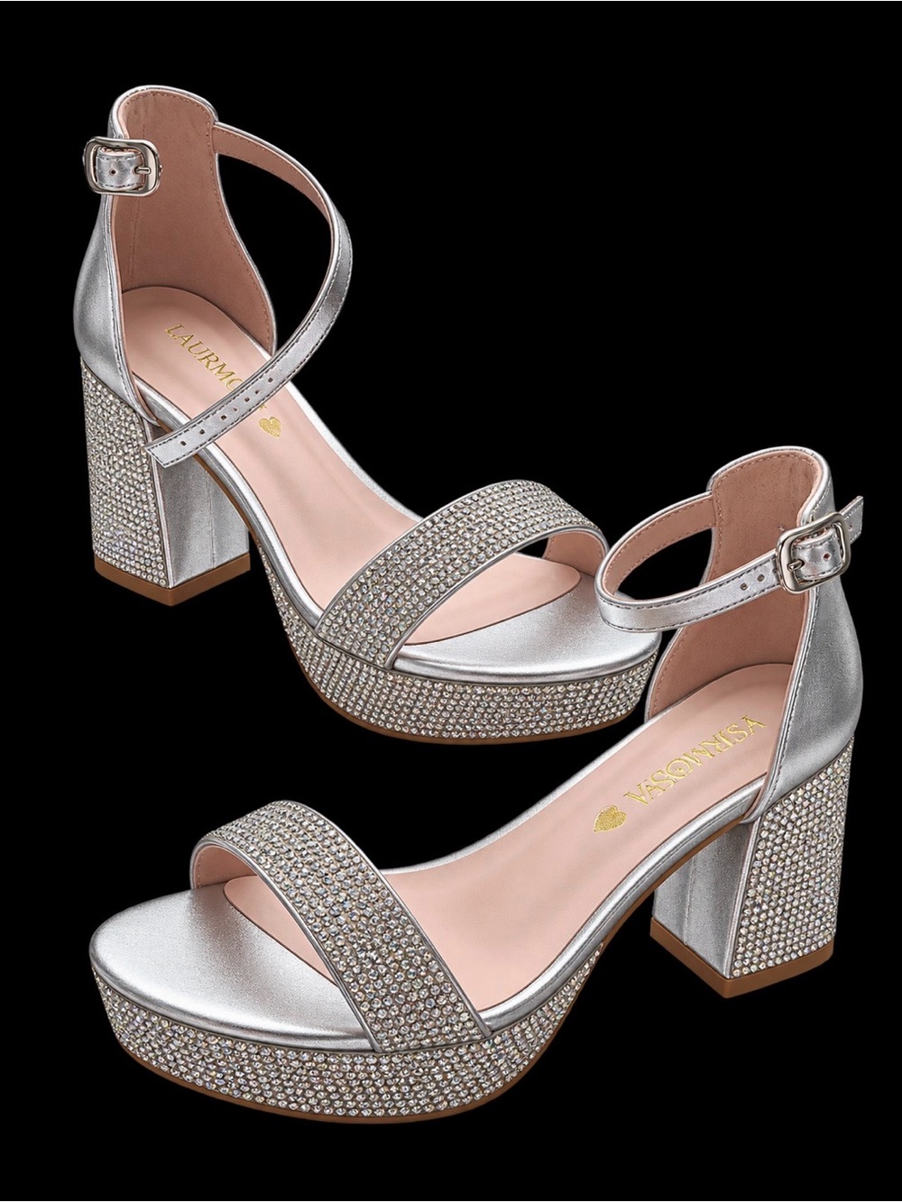 Silver Crystal Platform Block Heel Sandals